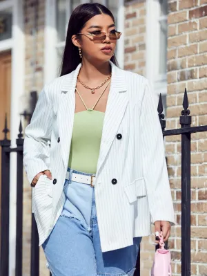 Casual Striped Double Button Long Sleeve Lapel Regular Plus Size Blazer