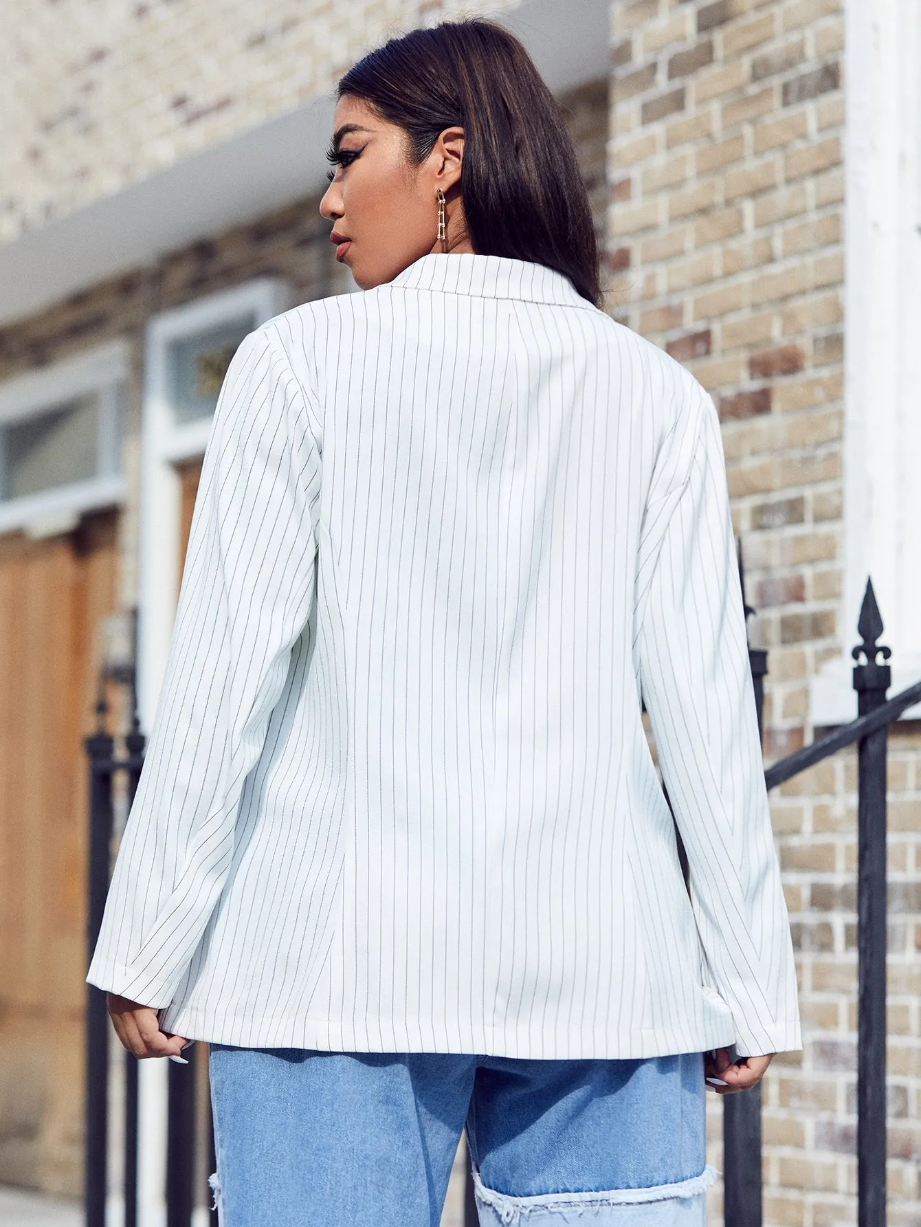 Casual Striped Double Button Long Sleeve Lapel Regular Plus Size Blazer
