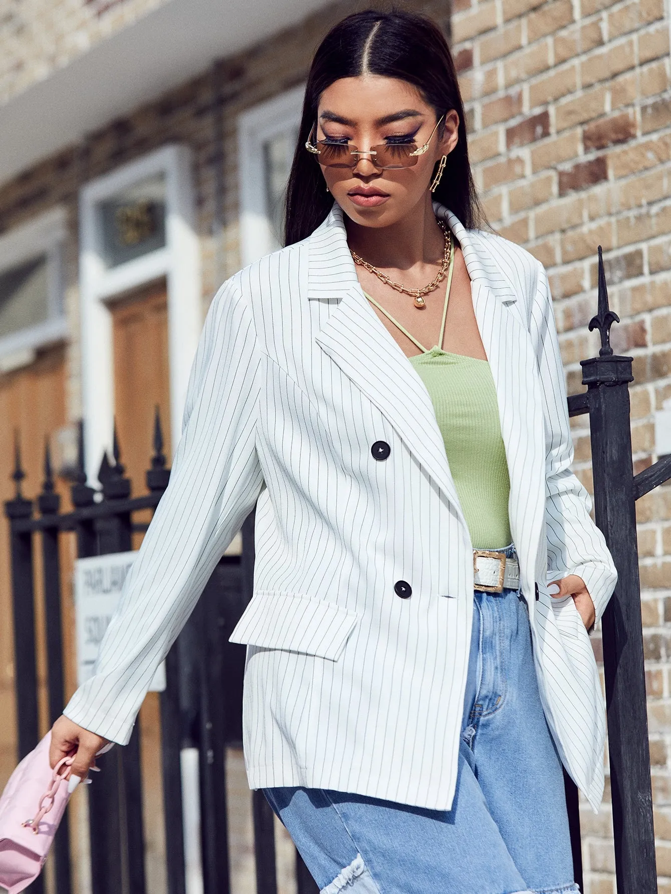 Casual Striped Double Button Long Sleeve Lapel Regular Plus Size Blazer