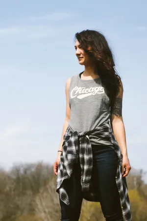 Chicago Retro Club Script Olive Slub Ladies Muscle Tank Top