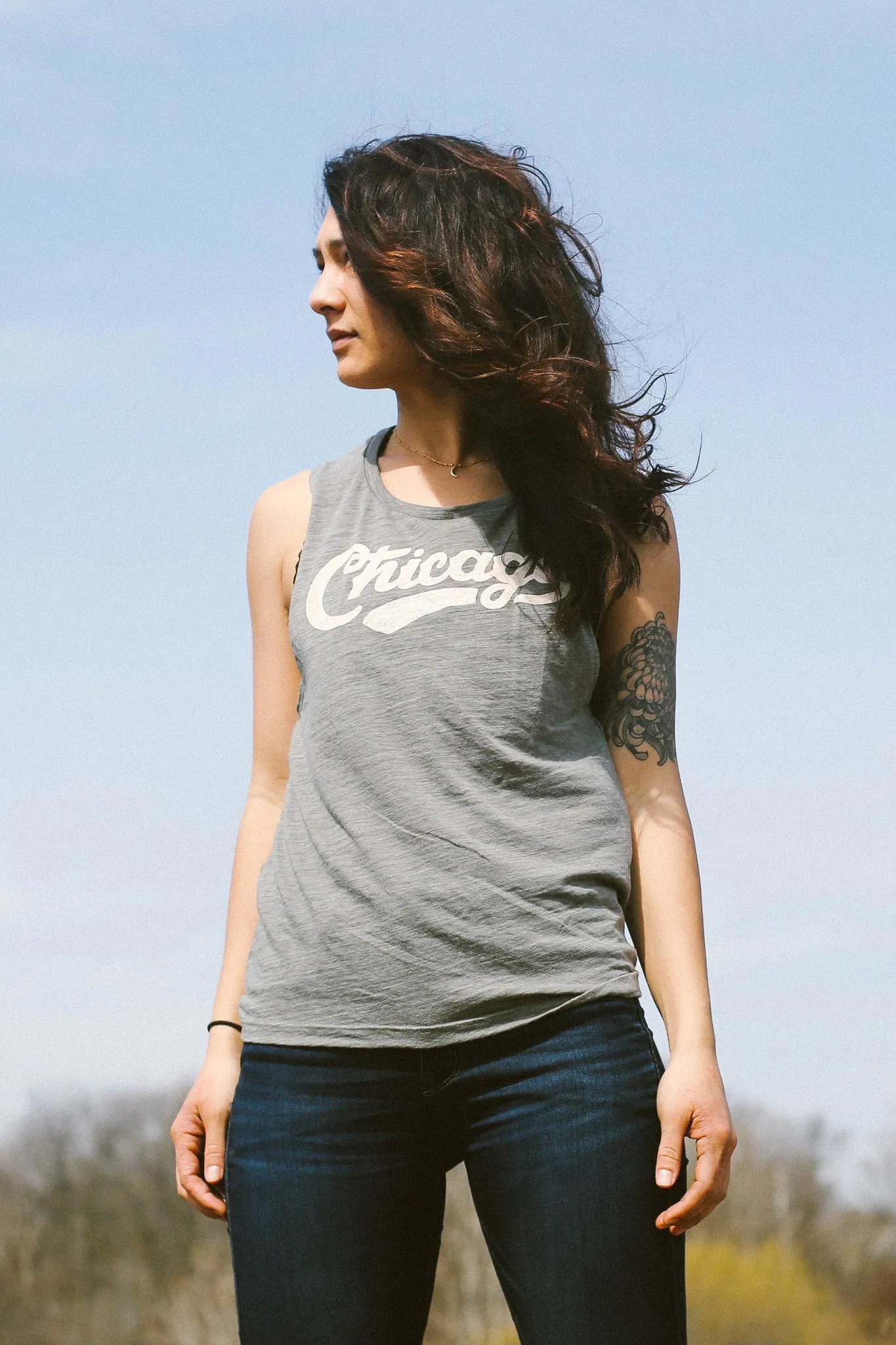 Chicago Retro Club Script Olive Slub Ladies Muscle Tank Top