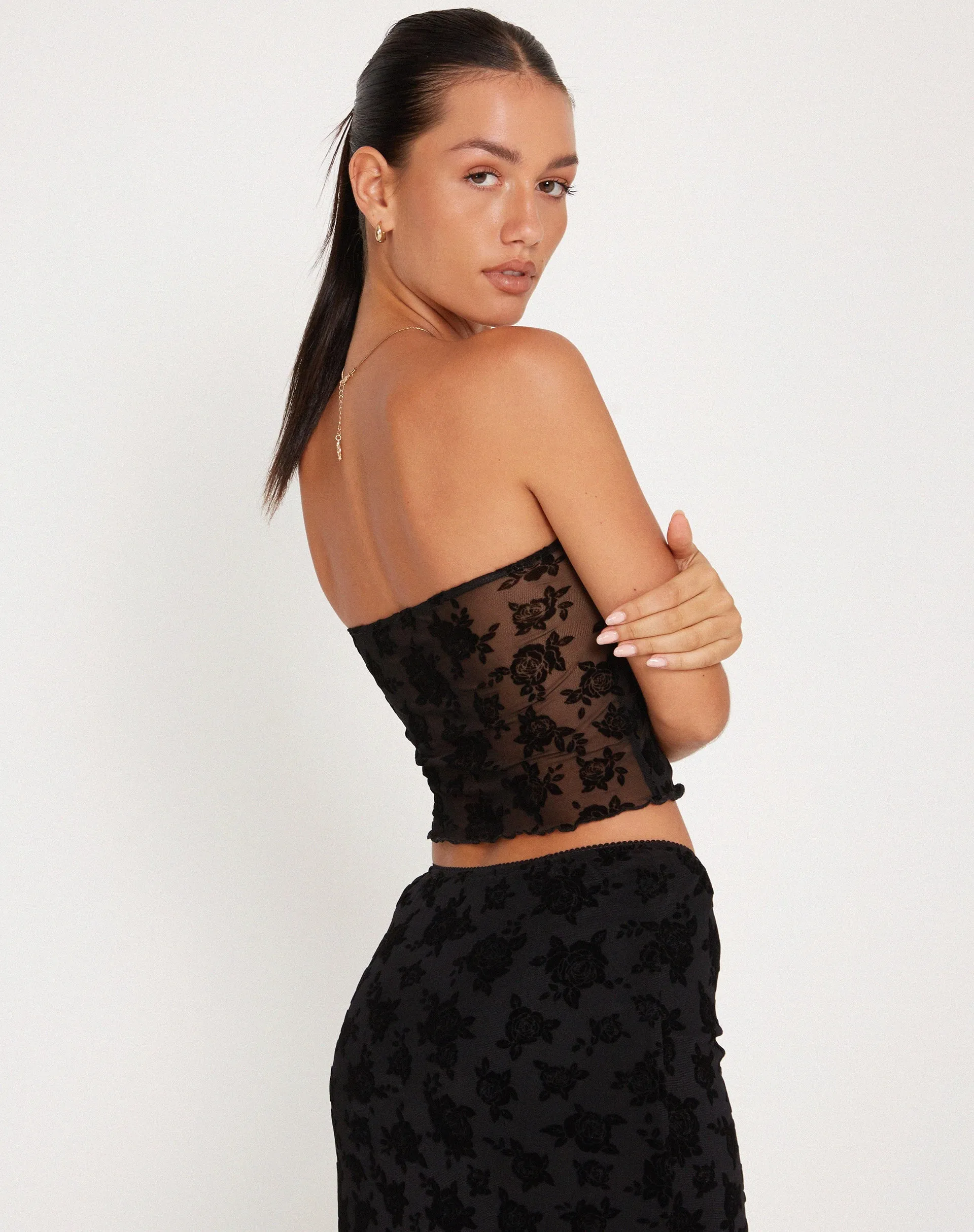 Claryn Corset Top in Mesh Black Romantic Rose Flock
