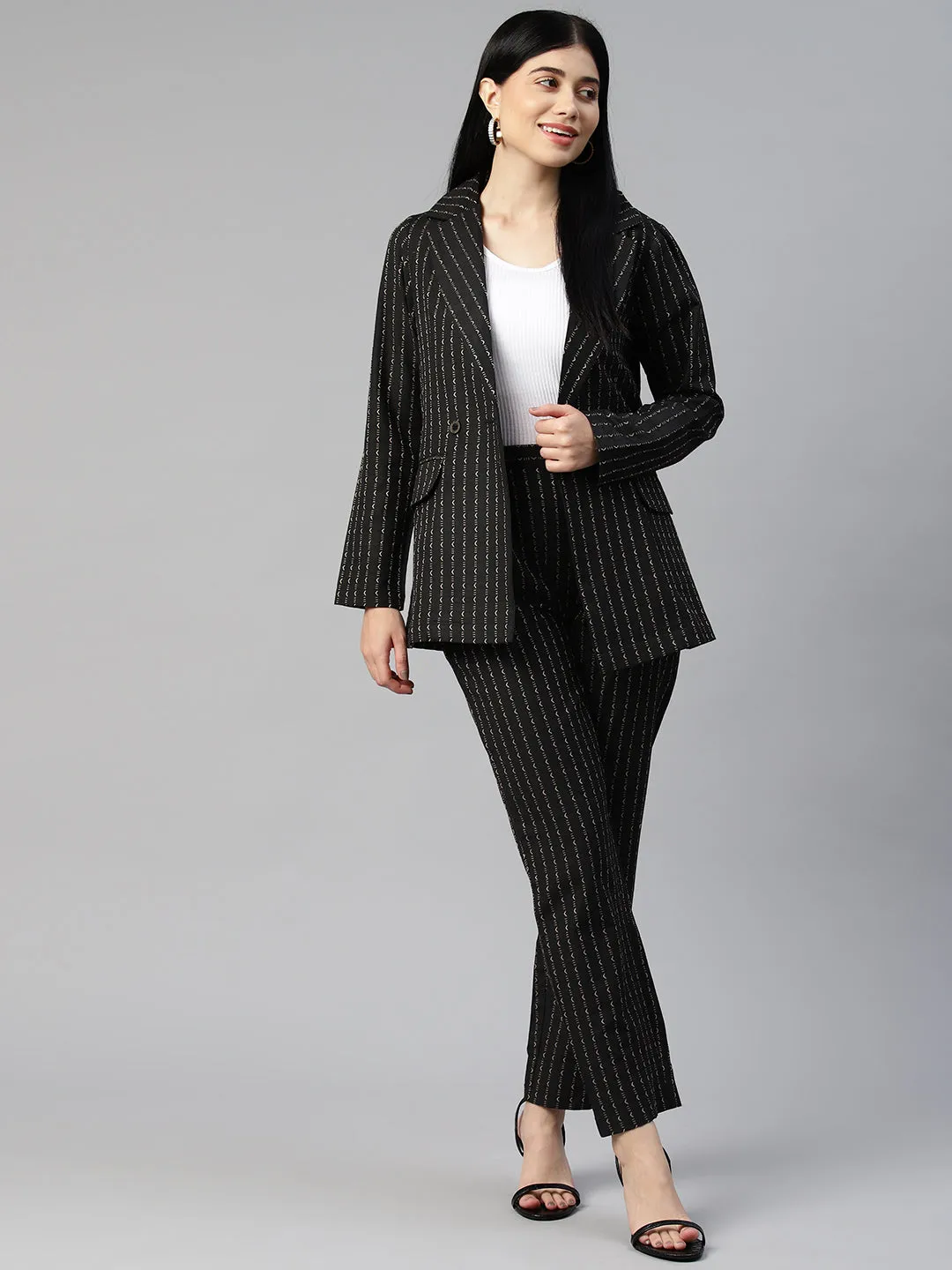Cottinfab Women Striped Cotton Blazers and Trousers Co-ord Set