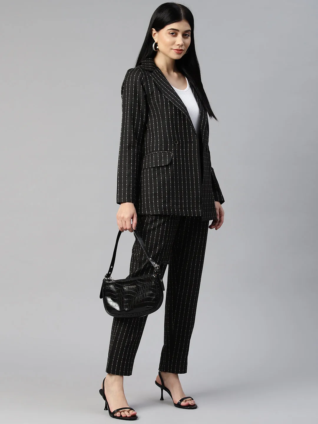 Cottinfab Women Striped Cotton Blazers and Trousers Co-ord Set
