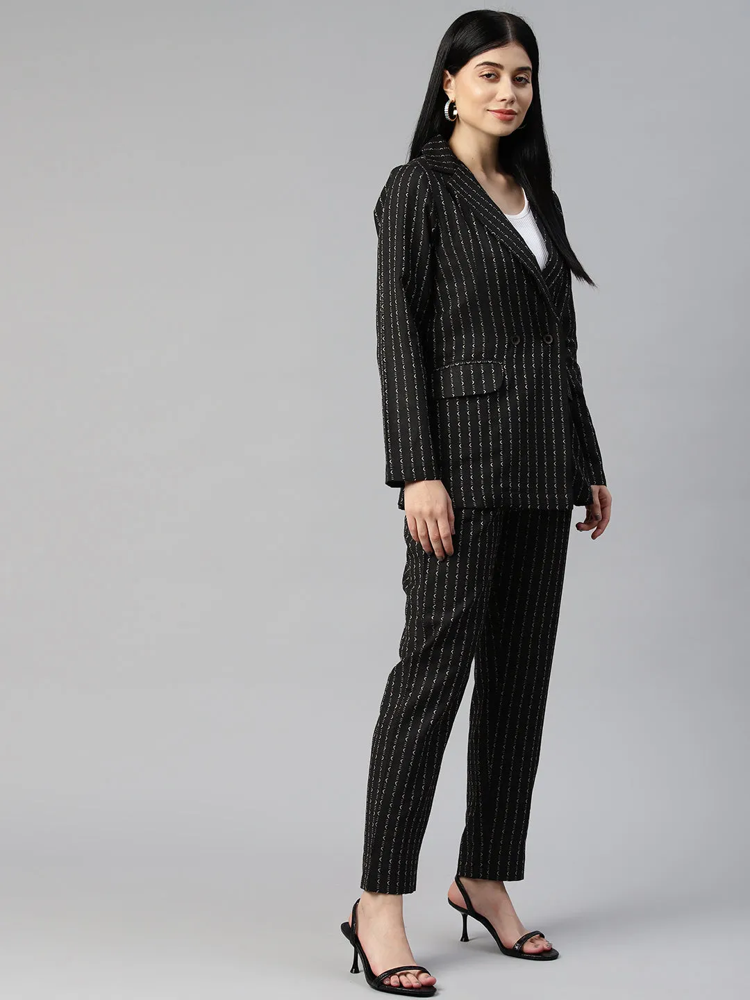 Cottinfab Women Striped Cotton Blazers and Trousers Co-ord Set