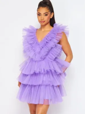 Deep V Tiered Tulle Mini Dress - Purple -