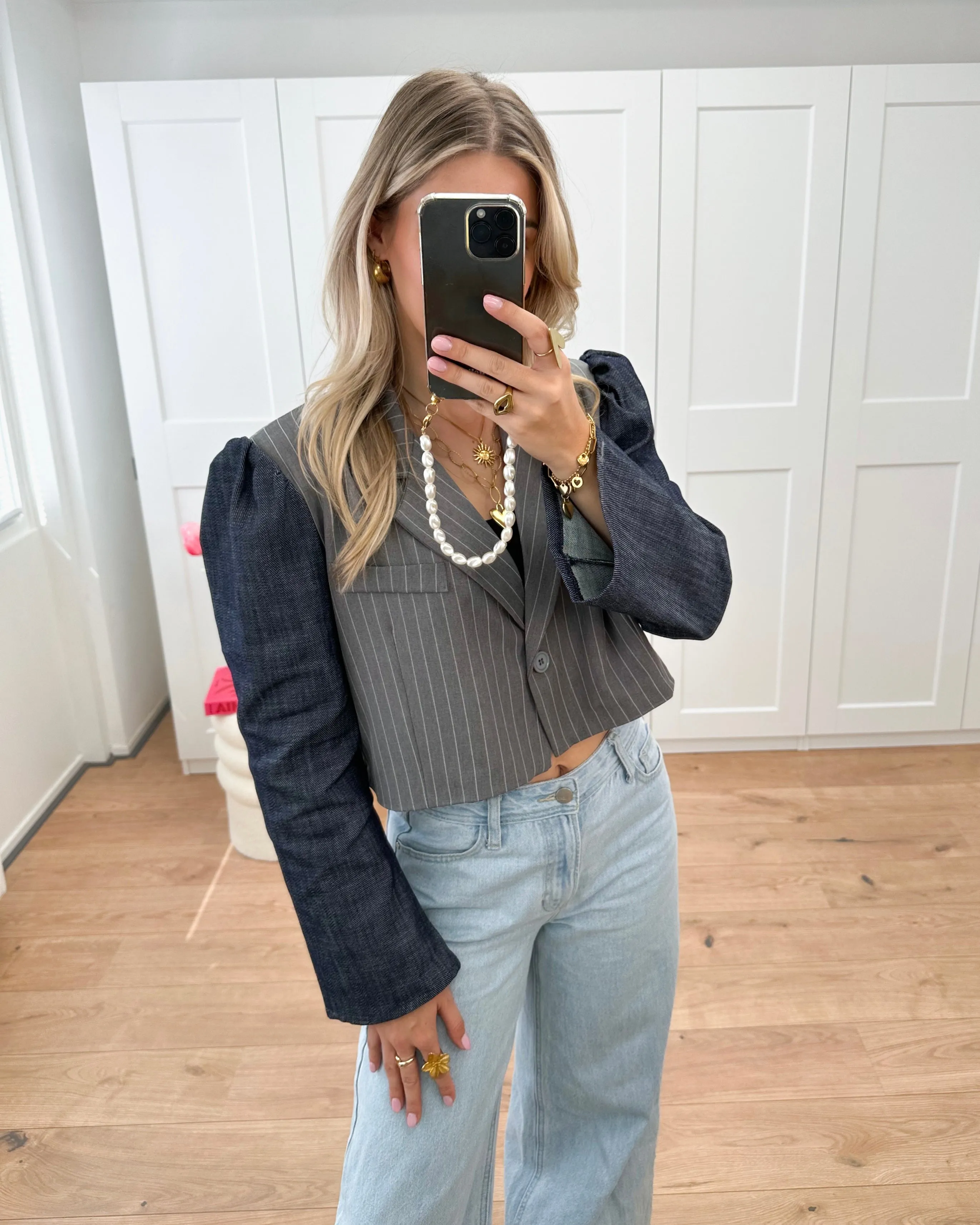 Denim Sleeve Blazer Striped Grey