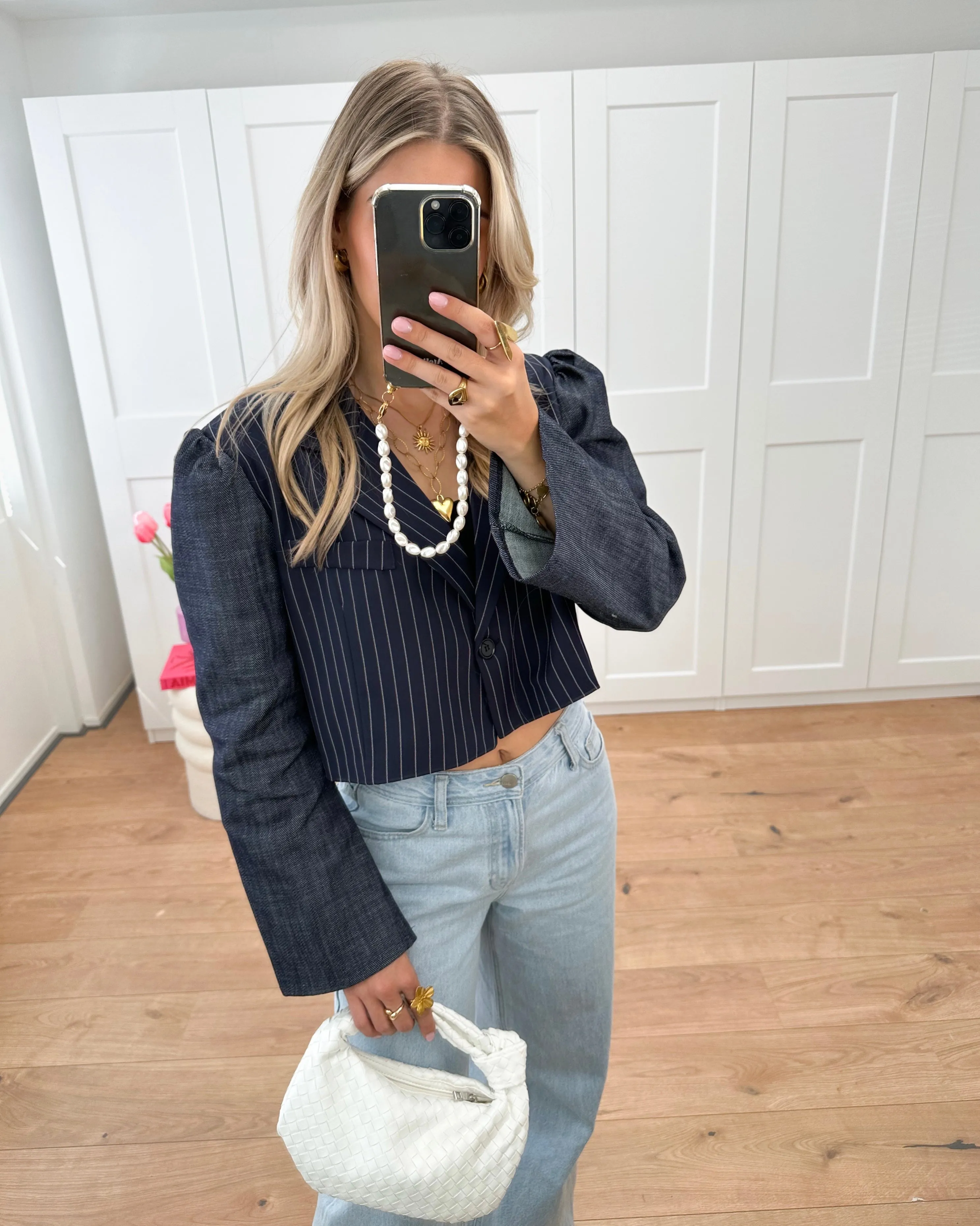 Denim Sleeve Blazer Striped Navy