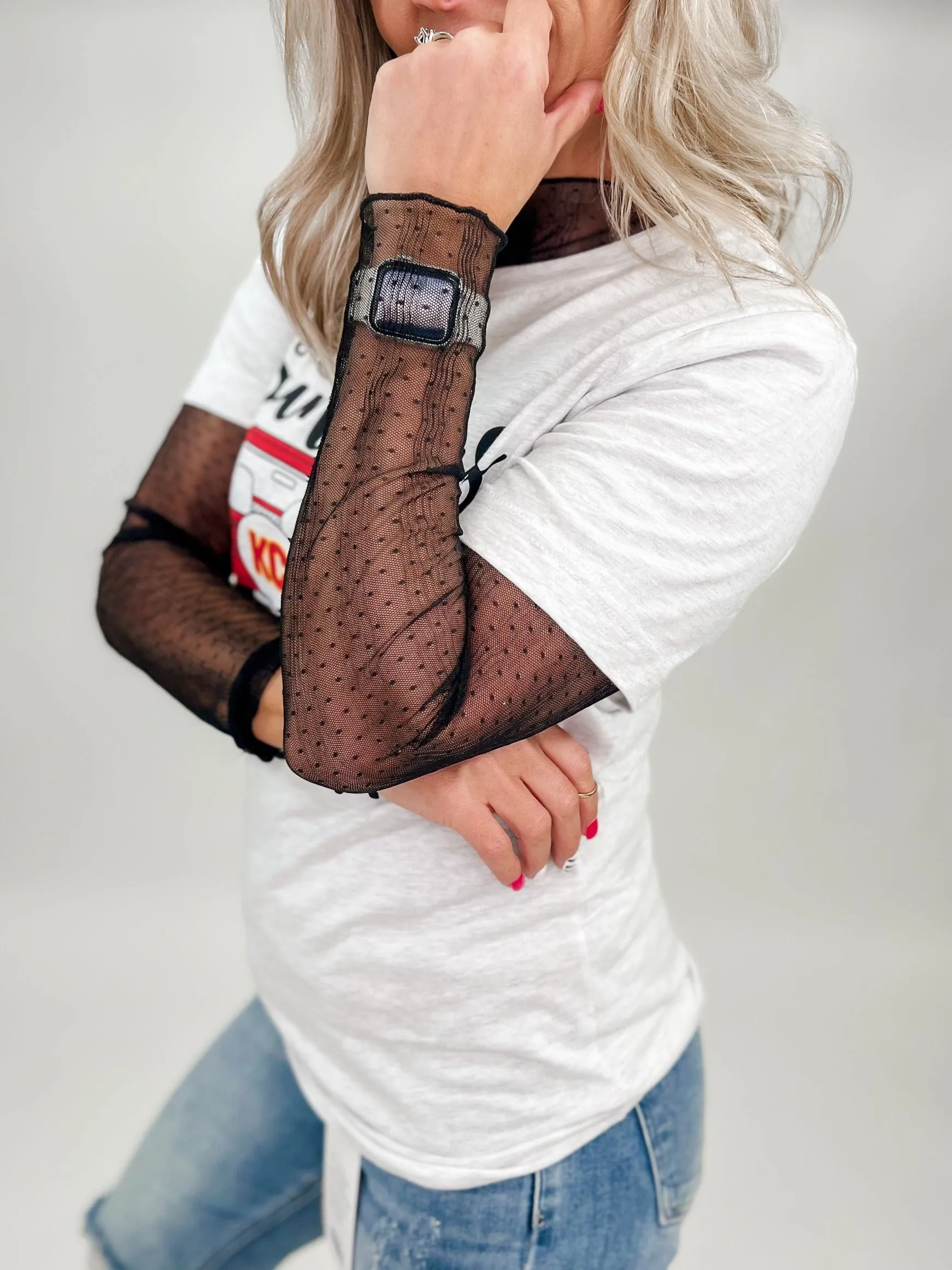 Dottie Sheer Lace Dotted Long Sleeve Top, Black