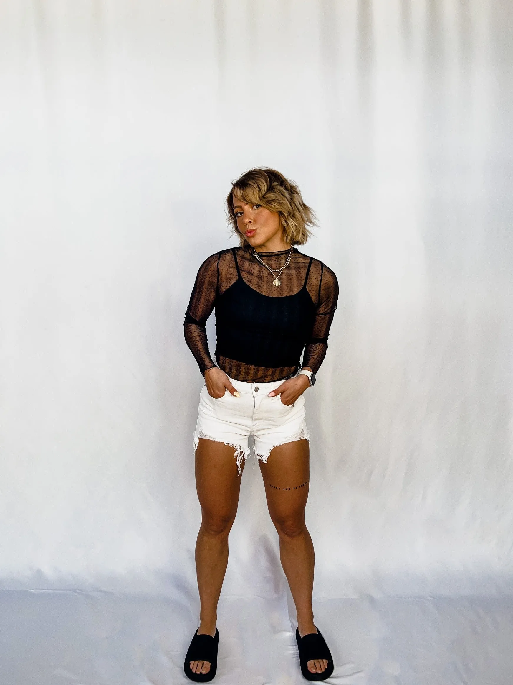 Dottie Sheer Lace Dotted Long Sleeve Top, Black