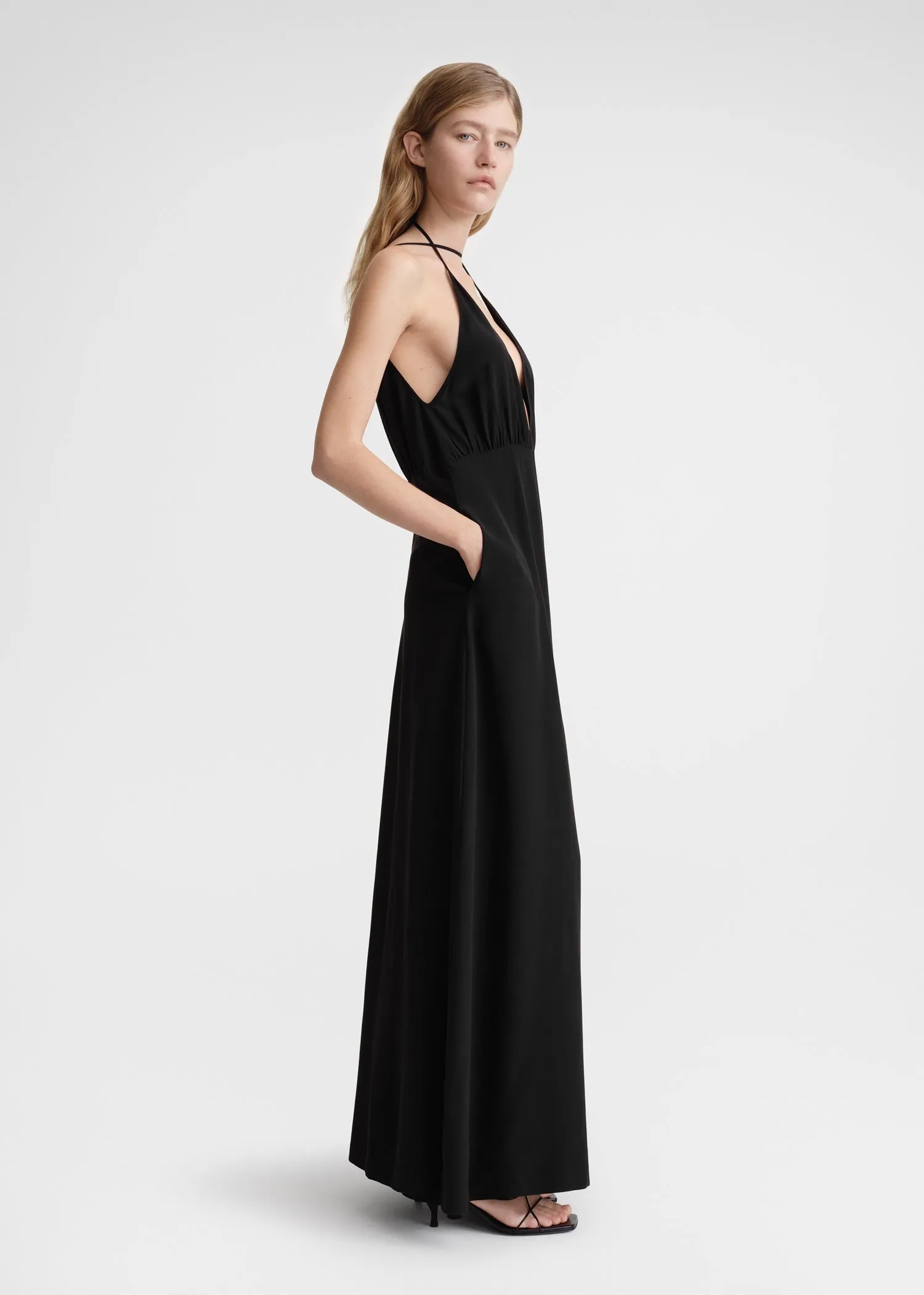Double-halter silk dress black