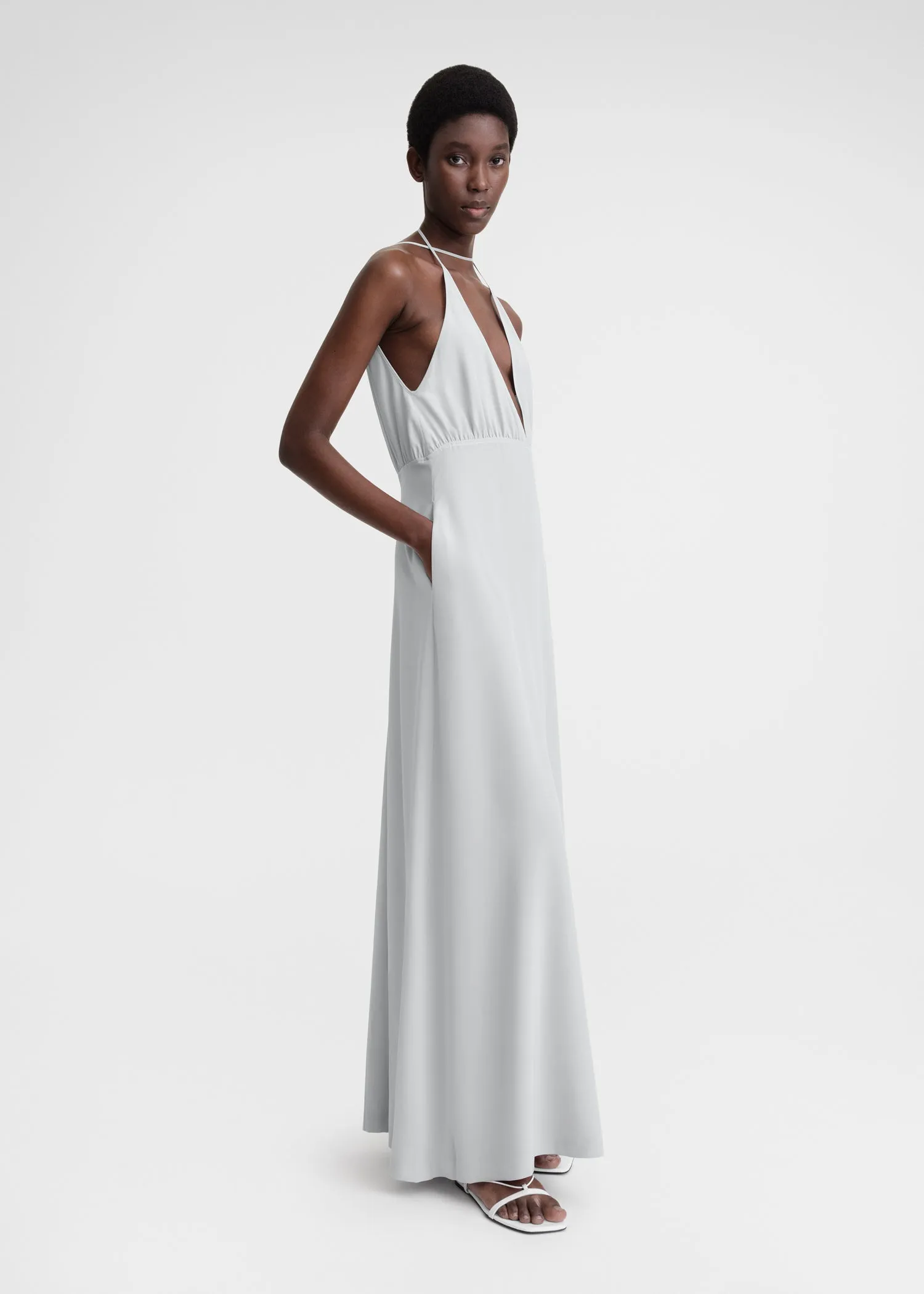 Double-halter silk dress glacier