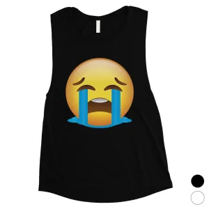 Emoji-Crying Womens Unhappy Grieving Cool Muscle Shirt Friend Gift