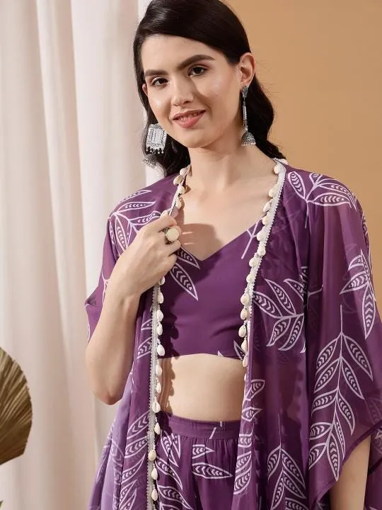 Floral Print Crop Top With Palazzo and Shrug Set