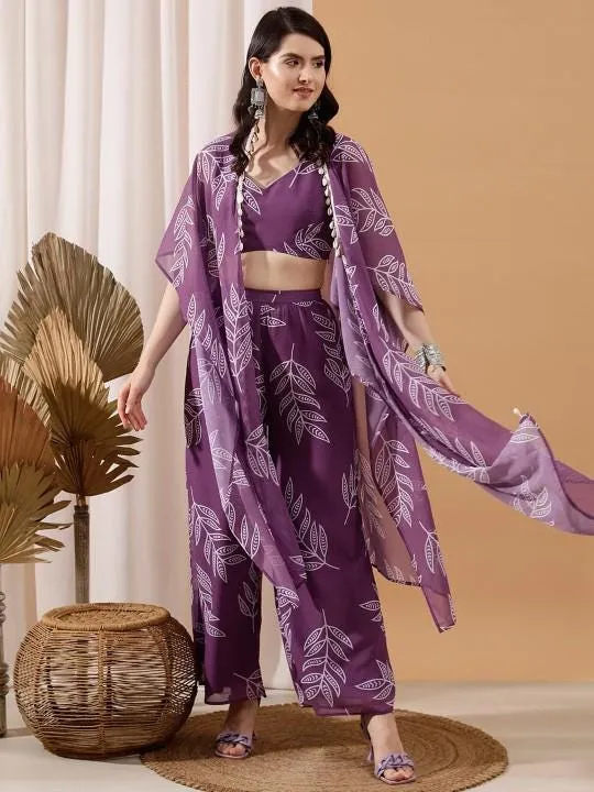 Floral Print Crop Top With Palazzo and Shrug Set