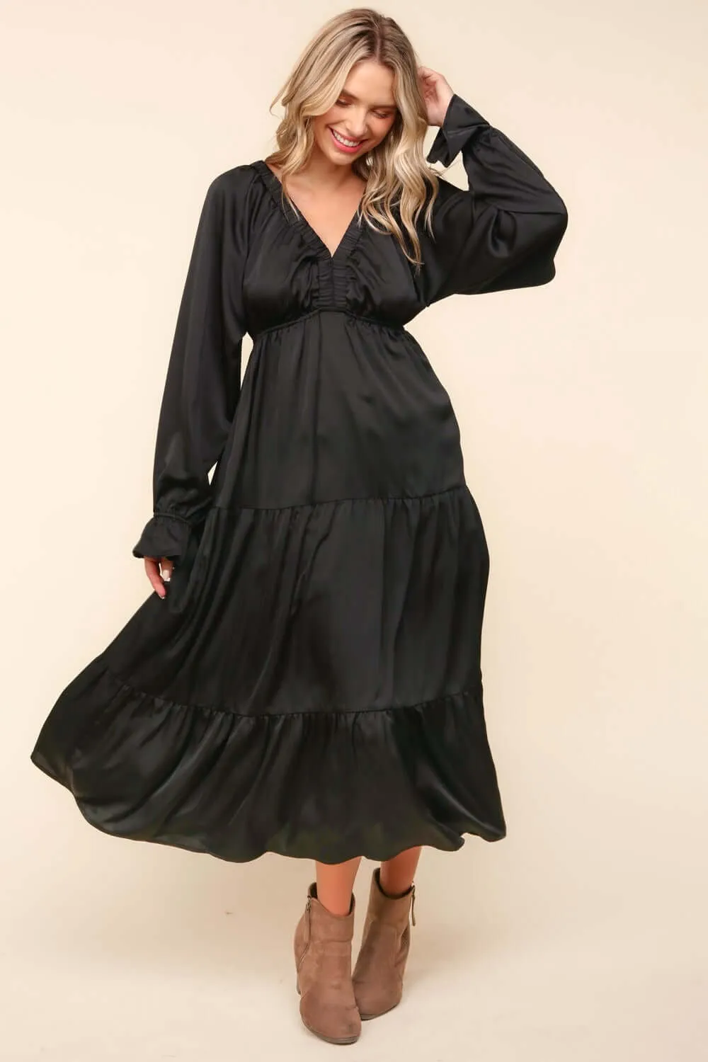Flounce Sleeve Tiered Midi Dress