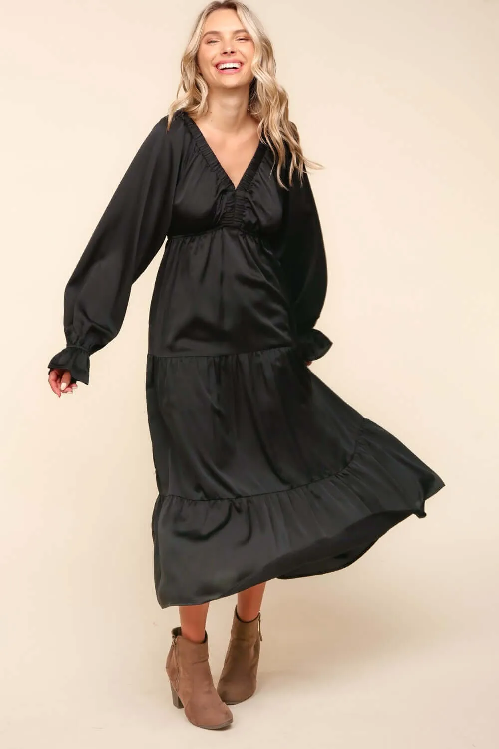Flounce Sleeve Tiered Midi Dress