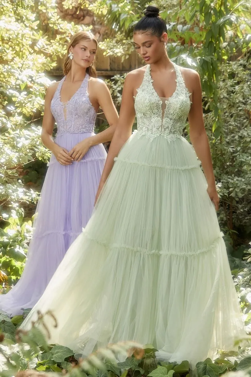 Garden Lace Gree Lavender Mid Open Laced Back Halter Tier Skirt Long Prom & Ball Dress CDA1206