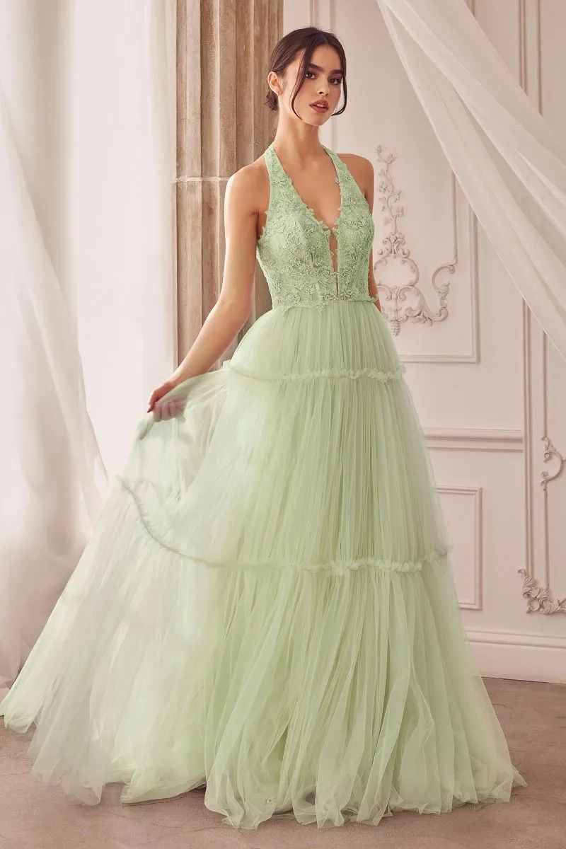 Garden Lace Gree Lavender Mid Open Laced Back Halter Tier Skirt Long Prom & Ball Dress CDA1206