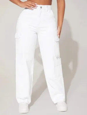 High Rise Flap Pocket Side Cargo Jeans