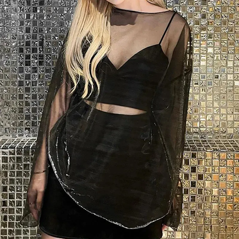 High Street Solid Color Round Neck Pullover Long Sleeve Mesh T-shirt