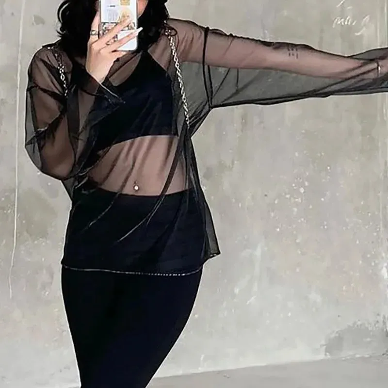 High Street Solid Color Round Neck Pullover Long Sleeve Mesh T-shirt