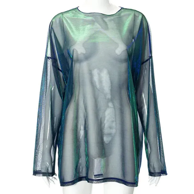 High Street Solid Color Round Neck Pullover Long Sleeve Mesh T-shirt