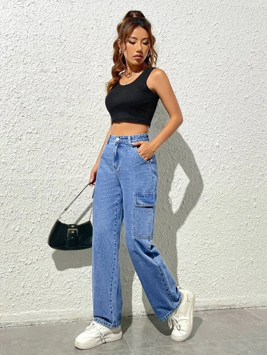 High-Waisted Cargo Jeans With Flap Pockets