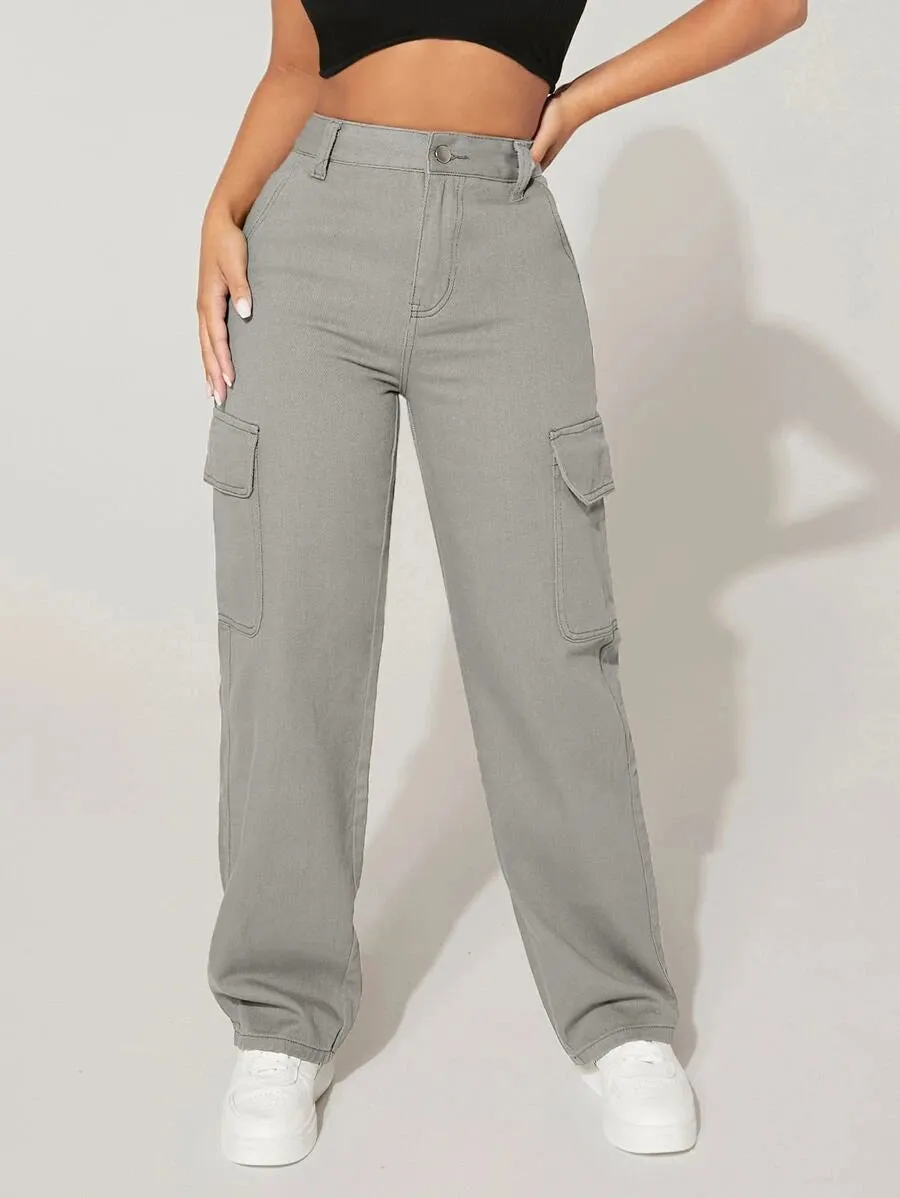 High-Waisted Cargo Jeans With Flap Pockets