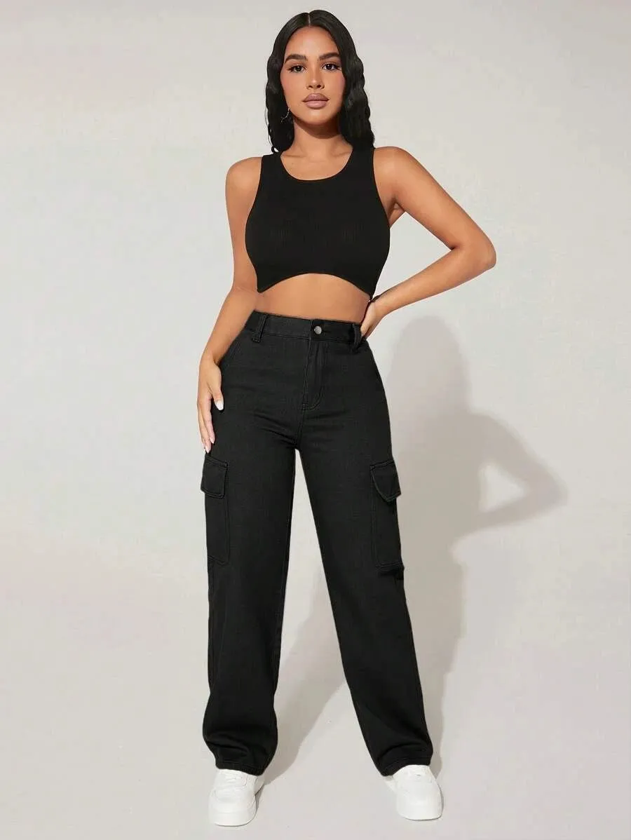 High-Waisted Cargo Jeans With Flap Pockets