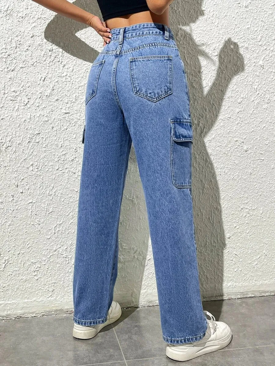 High-Waisted Cargo Jeans With Flap Pockets