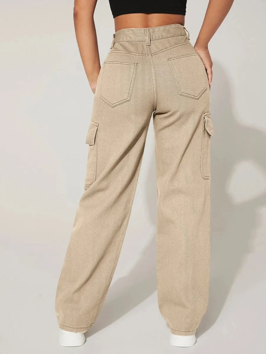 High-Waisted Cargo Jeans With Flap Pockets