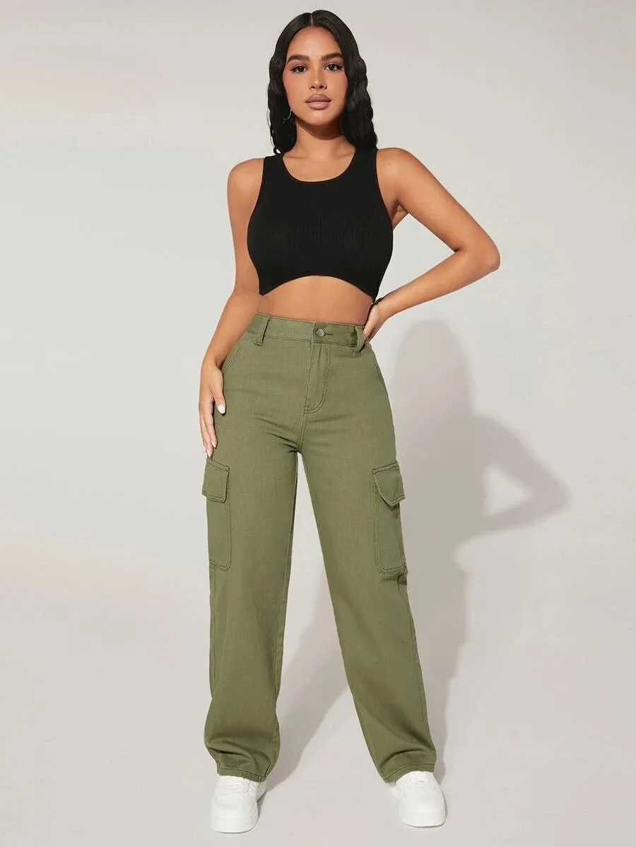 High-Waisted Cargo Jeans With Flap Pockets