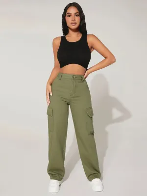 High-Waisted Cargo Jeans With Flap Pockets