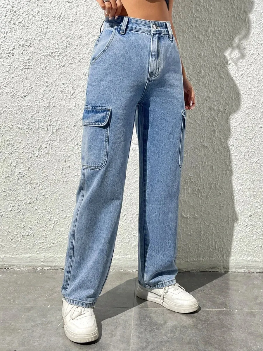 High-Waisted Cargo Jeans With Flap Pockets