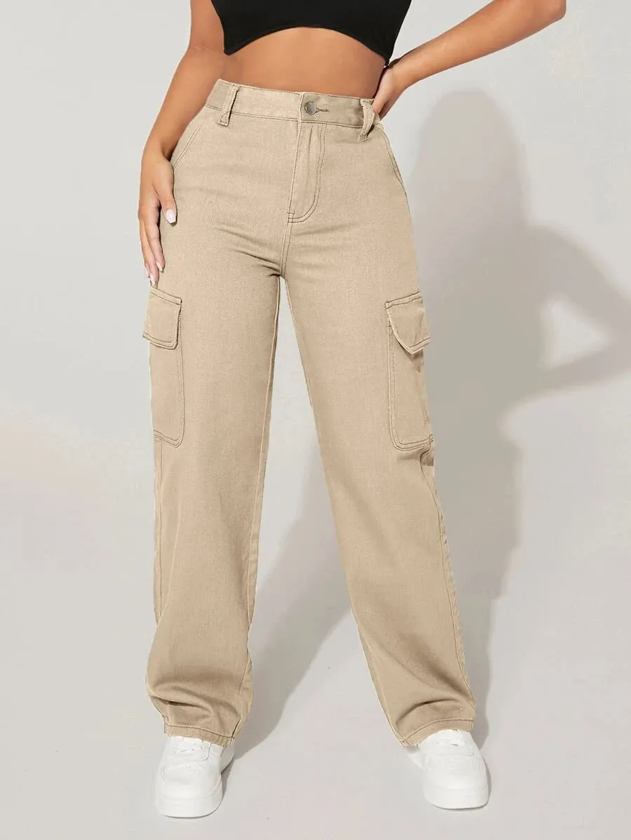 High-Waisted Cargo Jeans With Flap Pockets