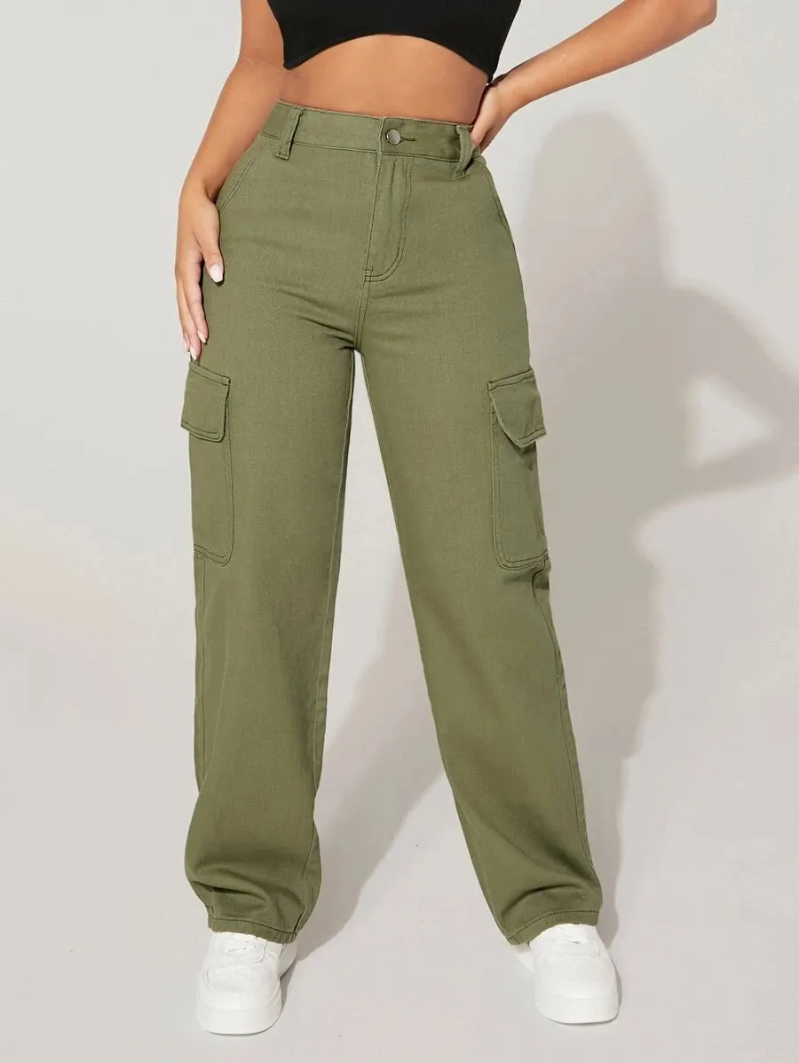 High-Waisted Cargo Jeans With Flap Pockets