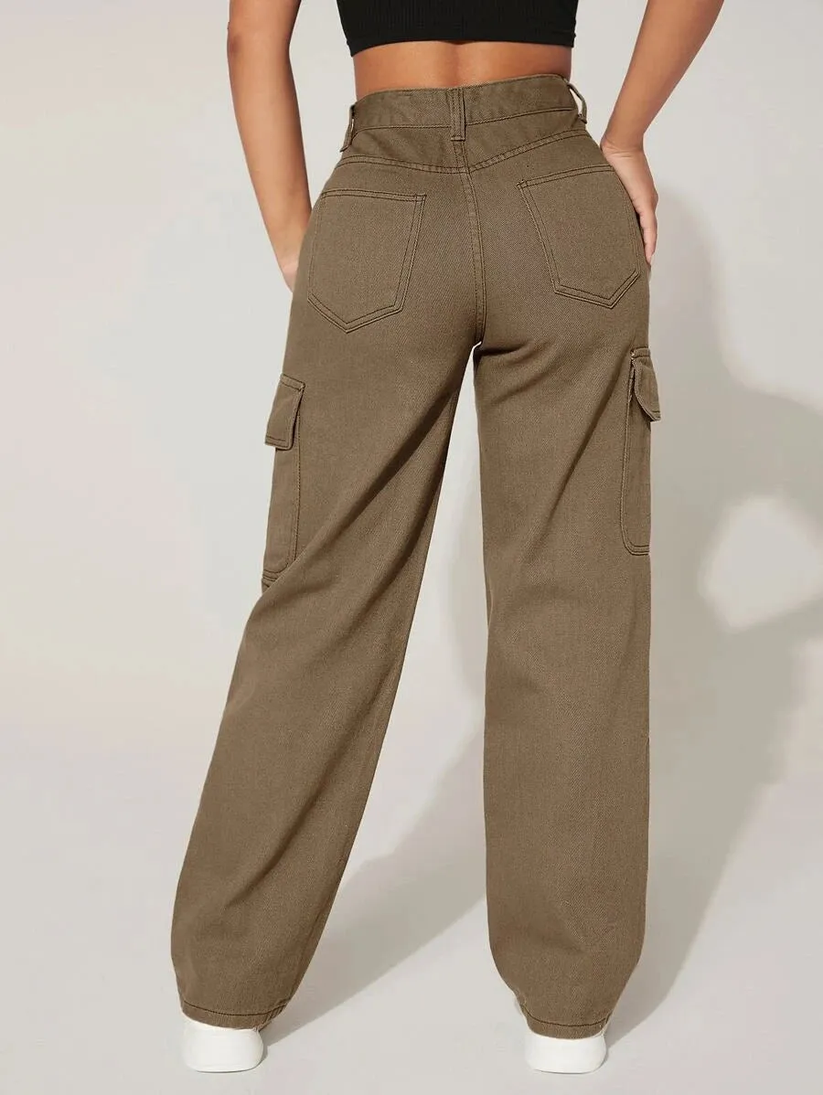 High-Waisted Cargo Jeans With Flap Pockets
