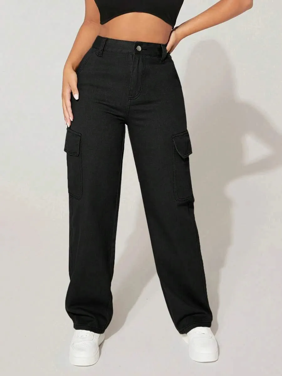 High-Waisted Cargo Jeans With Flap Pockets