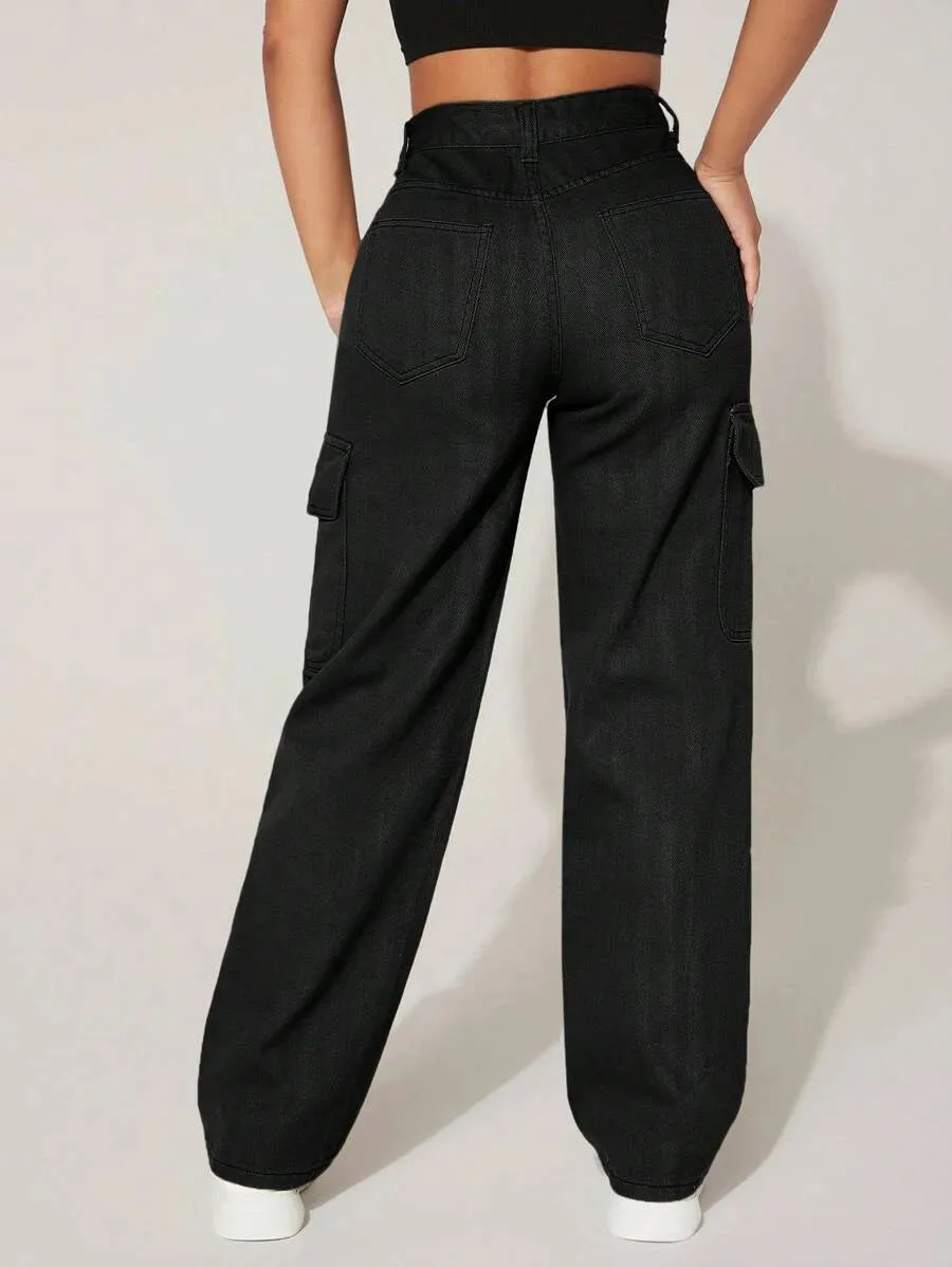 High-Waisted Cargo Jeans With Flap Pockets