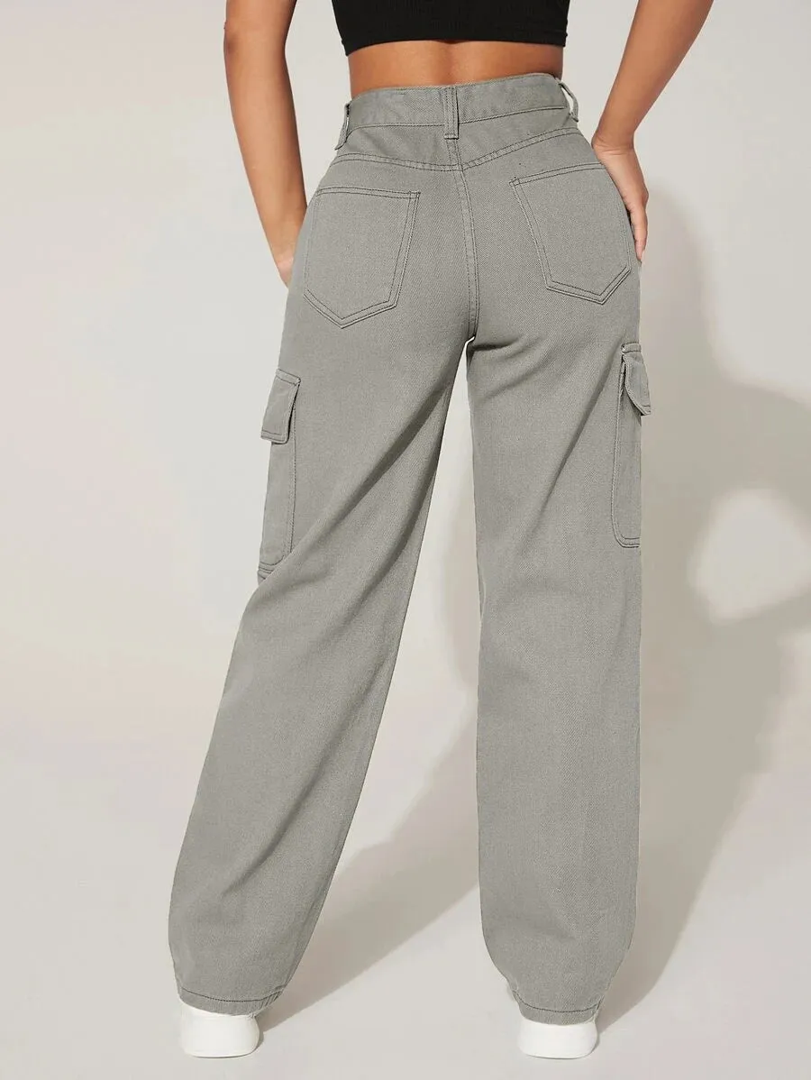 High-Waisted Cargo Jeans With Flap Pockets