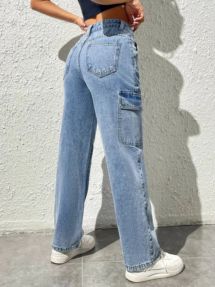 High-Waisted Cargo Jeans With Flap Pockets