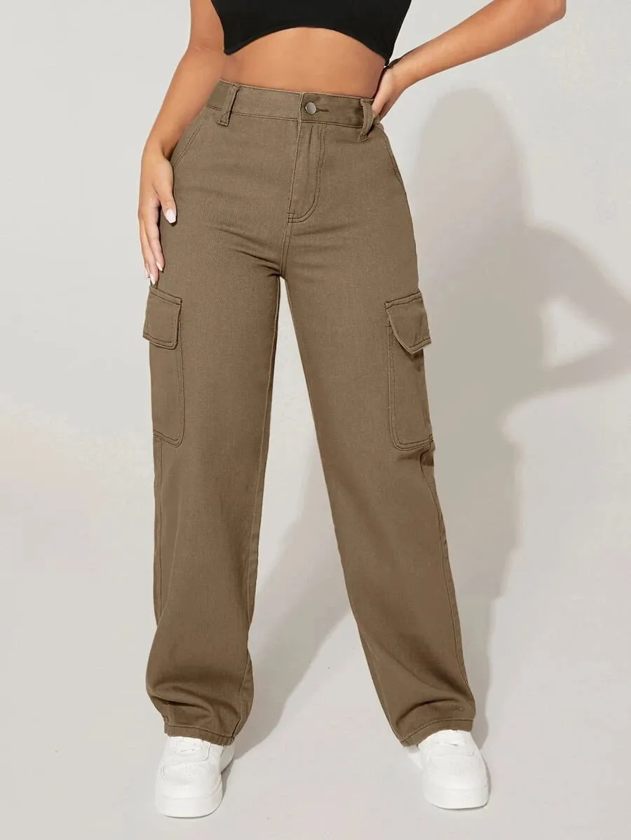 High-Waisted Cargo Jeans With Flap Pockets
