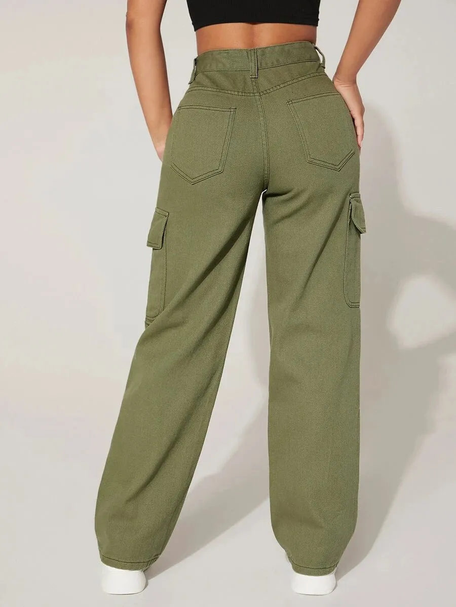 High-Waisted Cargo Jeans With Flap Pockets