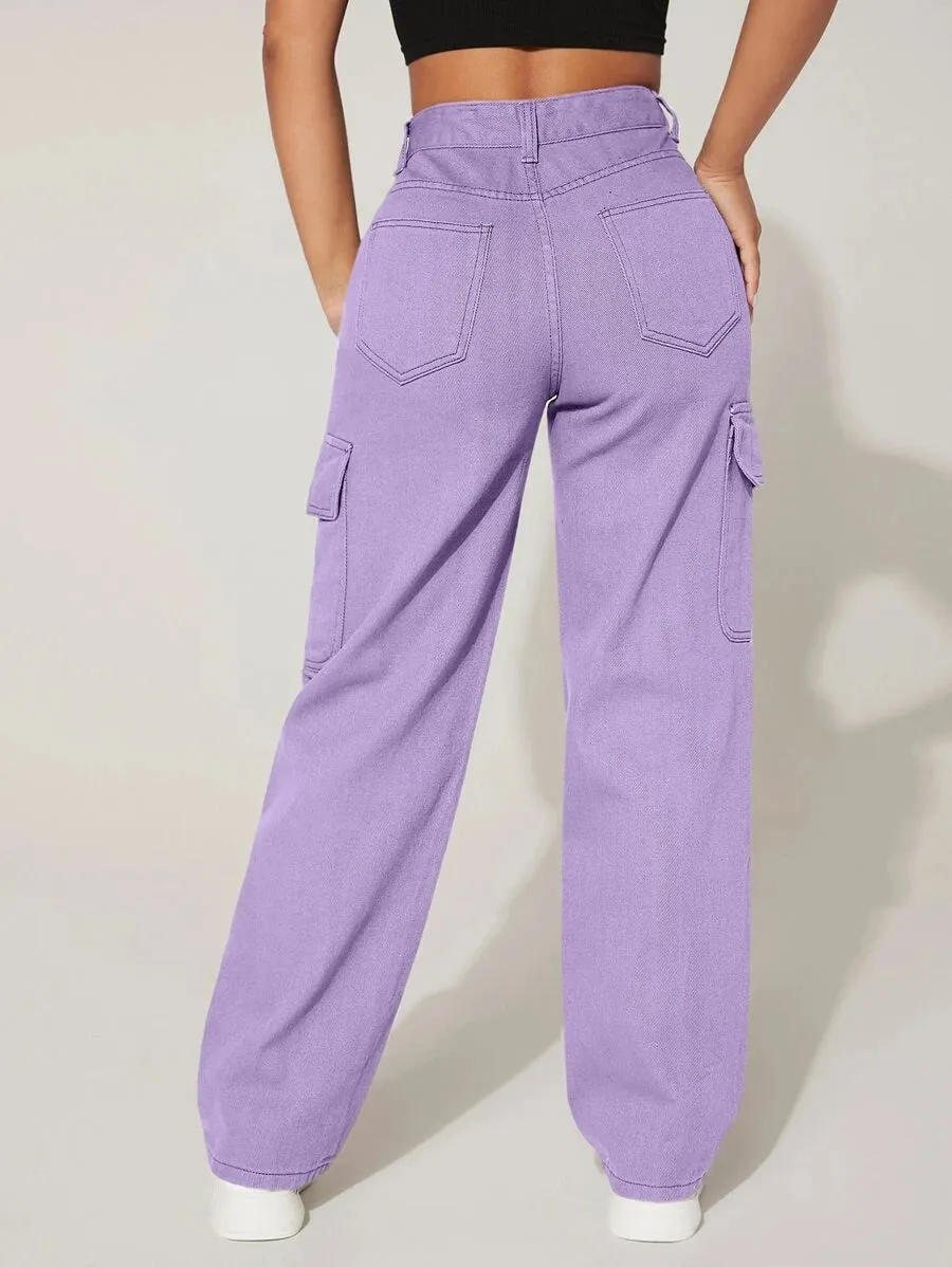 High-Waisted Cargo Jeans With Flap Pockets