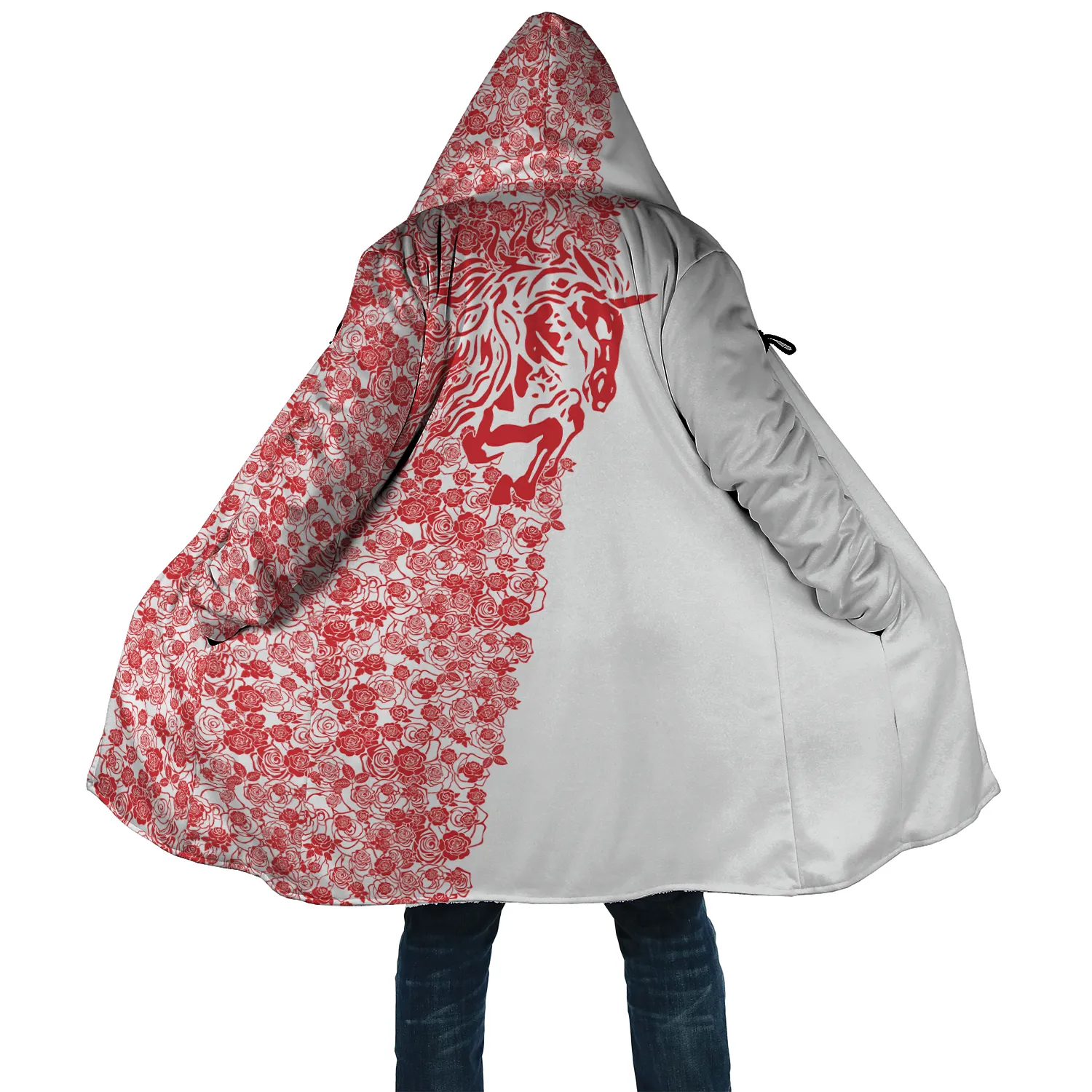 Lee's Excellent Hooded Coat with Unicorn - Red Roses on White [with Bag]