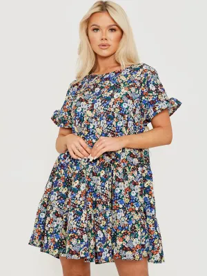 Leny Multi Ditsy Floral Print Frill Tiered Smock Dress In Navy