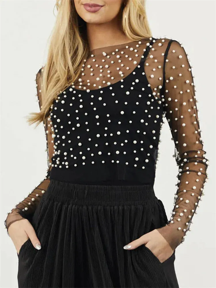 Long Sleeve Mesh Sheer Lace Pearls Top