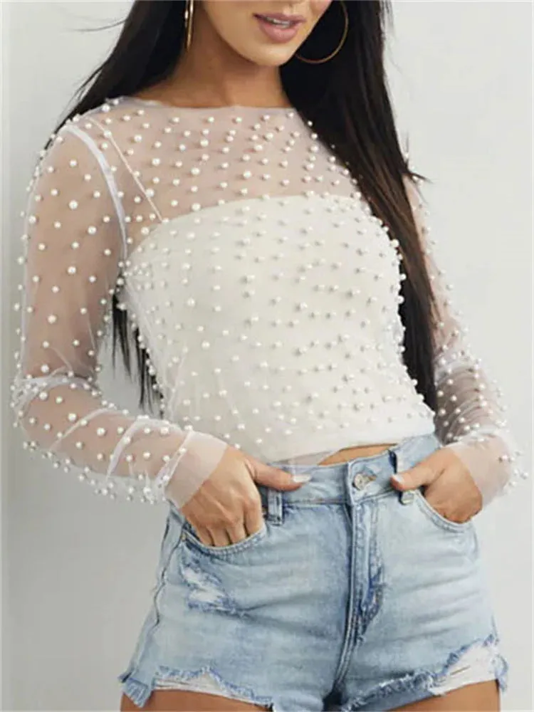 Long Sleeve Mesh Sheer Lace Pearls Top