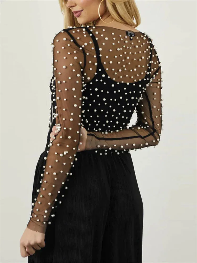 Long Sleeve Mesh Sheer Lace Pearls Top